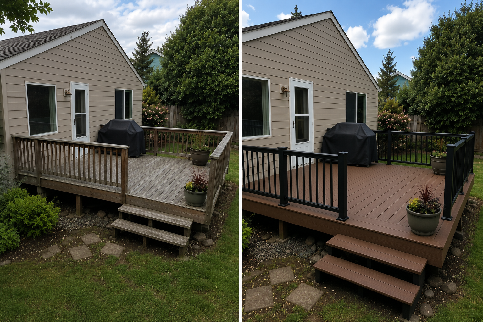 Before and after example of trex resurfacing deck work